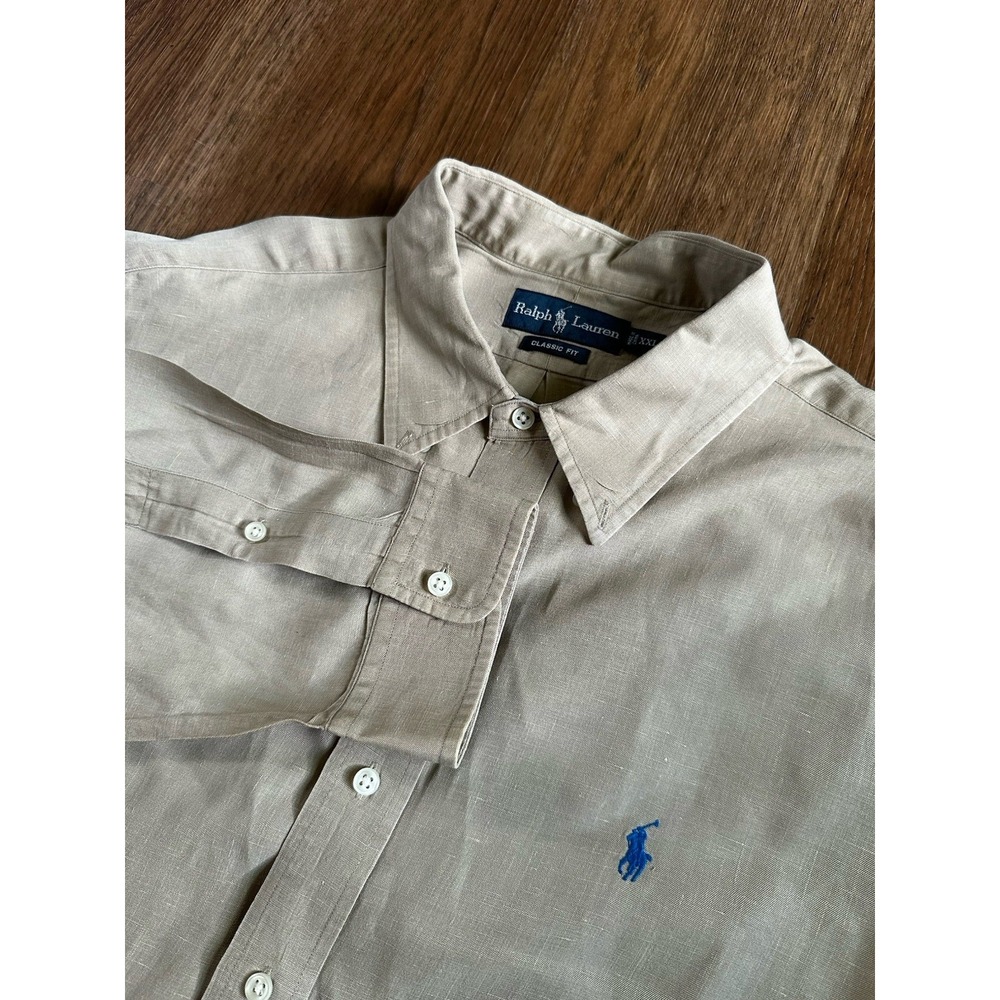 Ralph Lauren Blake Shirt Mens Sz 2XL Silk Linen Tan Beige Polo Pony Casual LS